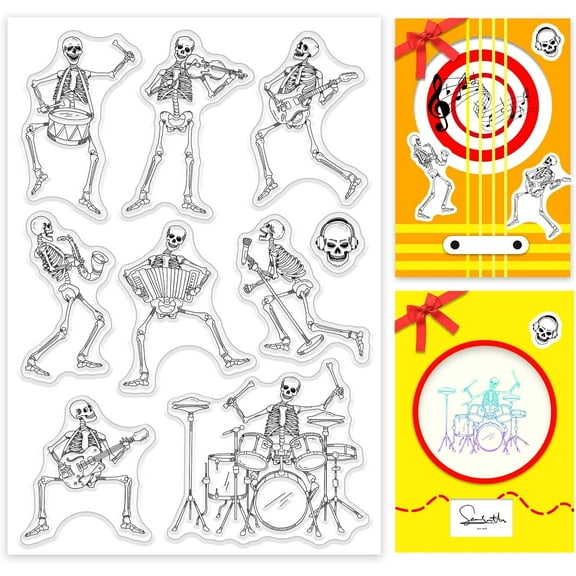 DIY Music Skull Skeleton Clear Rubber Stamps Halloween Rock Silicone Transparent Seals for Card Making Friends Greeting Words DIY Scrapbooking 6.3 x 4.3inch DIY
