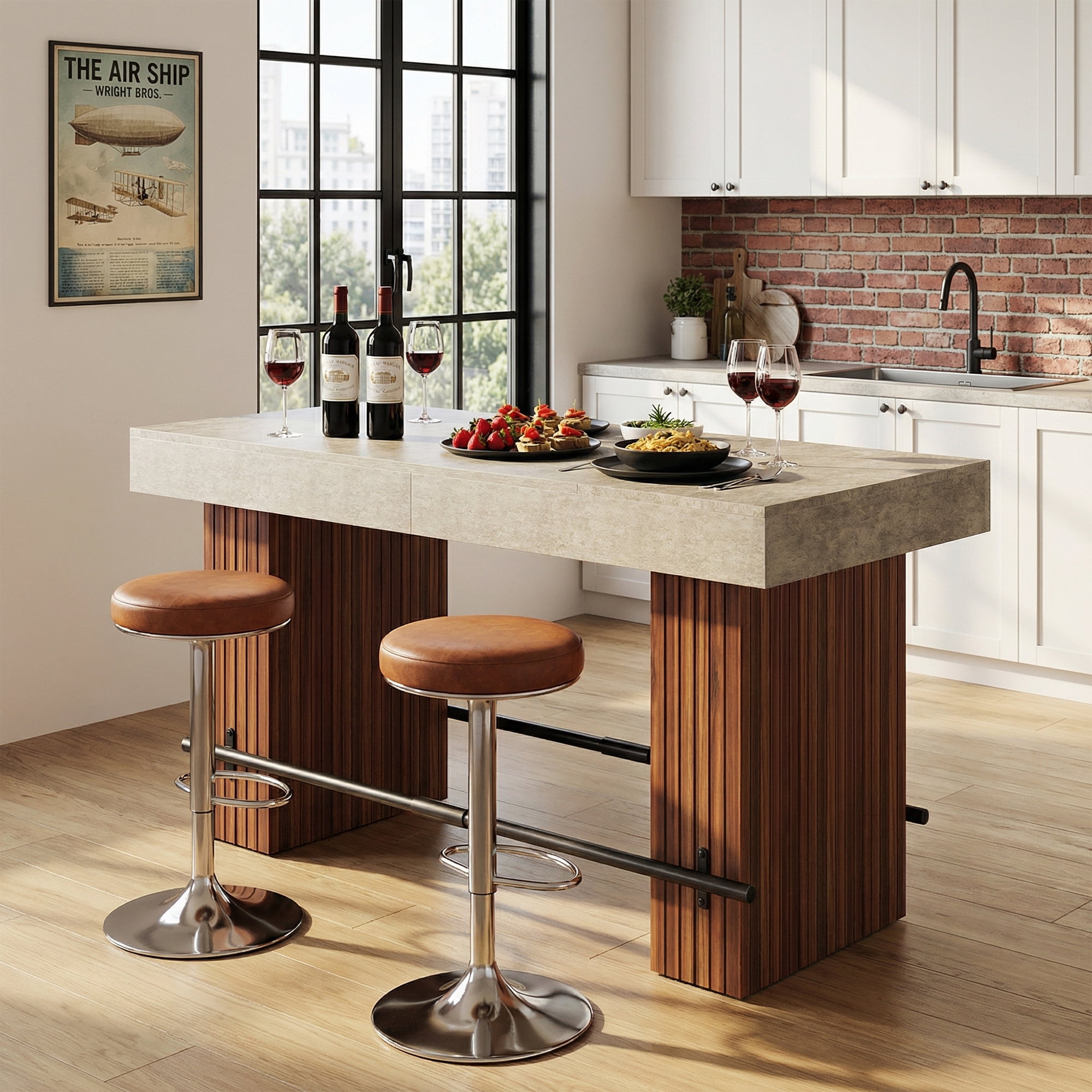 MAYEERTY 62.2 Inch Industrial Bar Table, Counter Height Pub Dining Table with Rustic Brown Tabletop and Dark Gray Slatted Base for Home Bar Kitchen Island