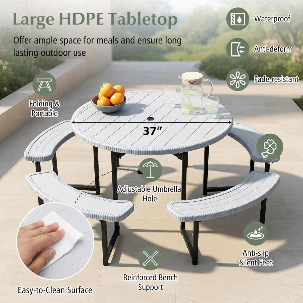 Hommoo Round Outdoor Picnic Table Set with 4 Matching Benches & Umbrella Hole, Weather-Resistant HDPE Top, Heavy-Duty Metal Frame, White