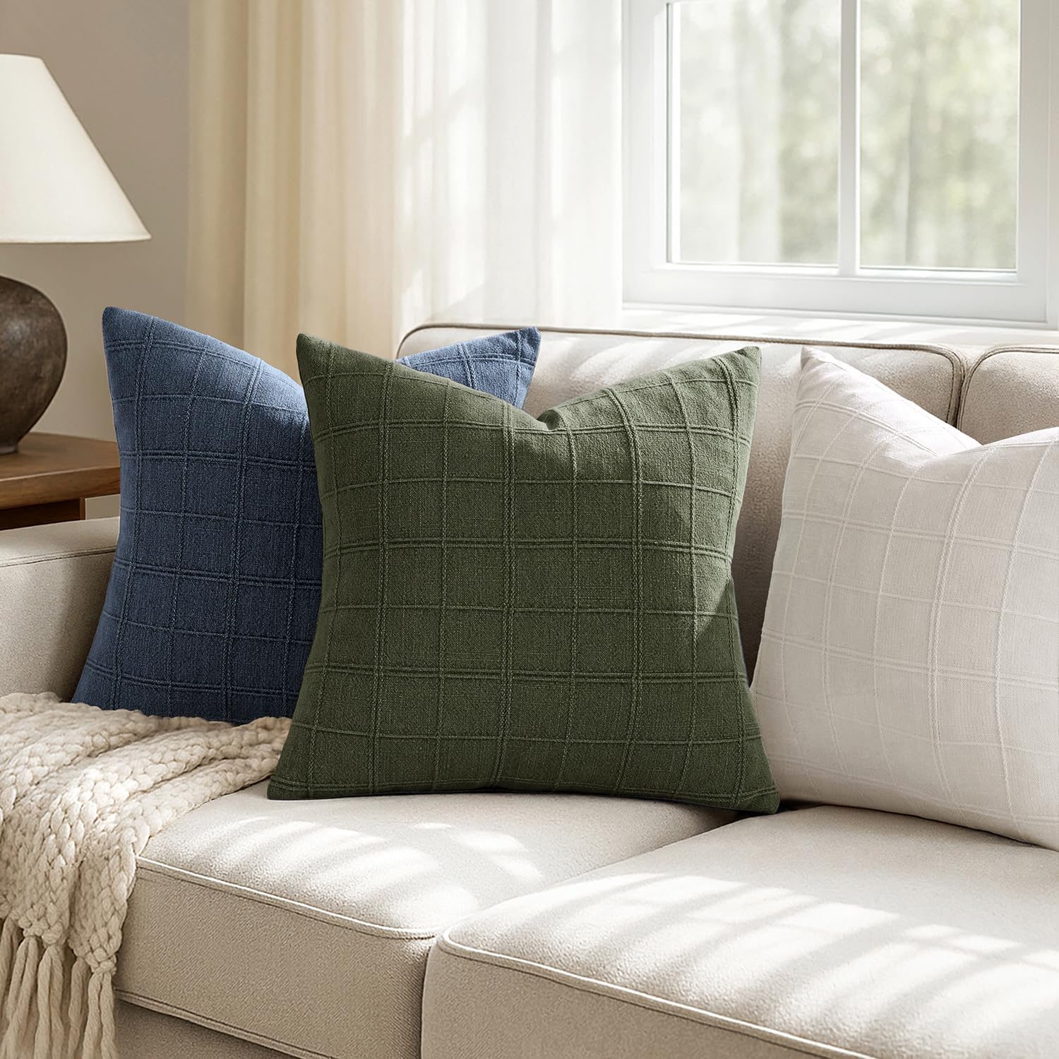 Linen Check Throw Pillow Covers Set of 2 - Natural Beige Farmhouse Modern Boho Vintage Decorative Cushion Covers for Sofa Couch Bedroom Living Room Decor（no pillow inset）