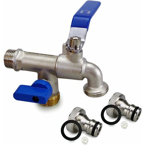 Grifo de primera calidad con doble salida, grifo de distribución 1/2 x 3/4 x 3/4 - Resistente al óxido y a las heladas con 2 conectores de manguera para jardín, lavadora o cisternas.