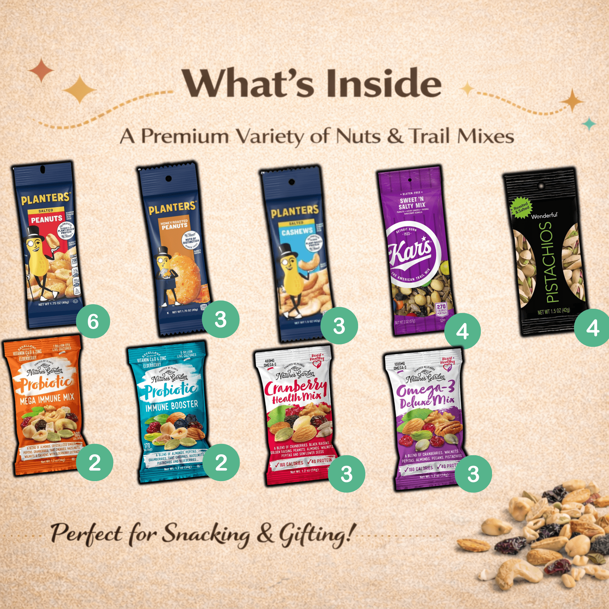 Gift Basket Trail Mix Snacks Variety Pack for Adults, 30 Pack of Healthy Snacks for Adults | Individually Wrapped Bulk Nuts Snack Packs, Individual Heart Healthy Office Nut Mix Box | Assorted Peanuts