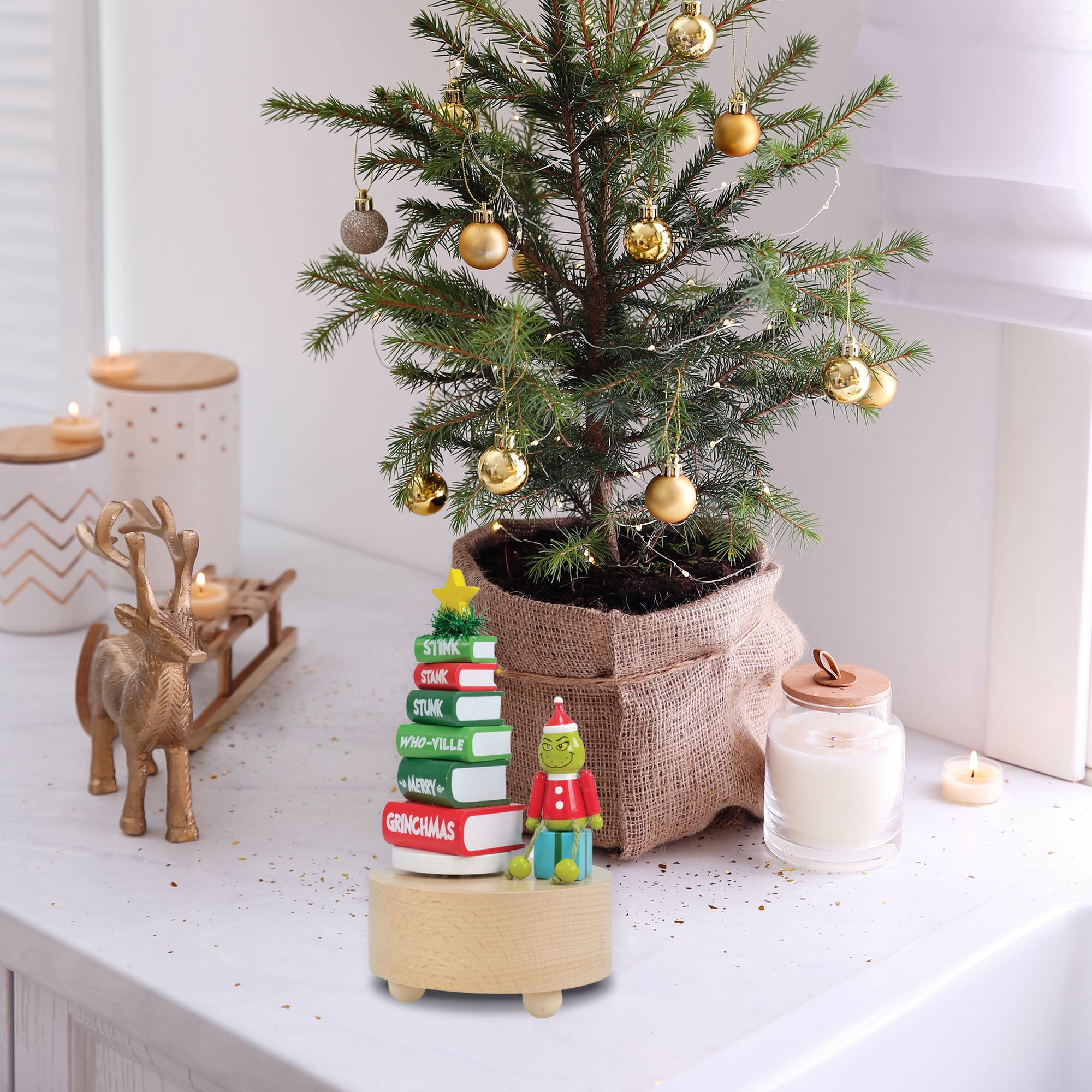 Grinch Musical Rotating Wood Tabletop Decoration – Book Stack Christmas Display