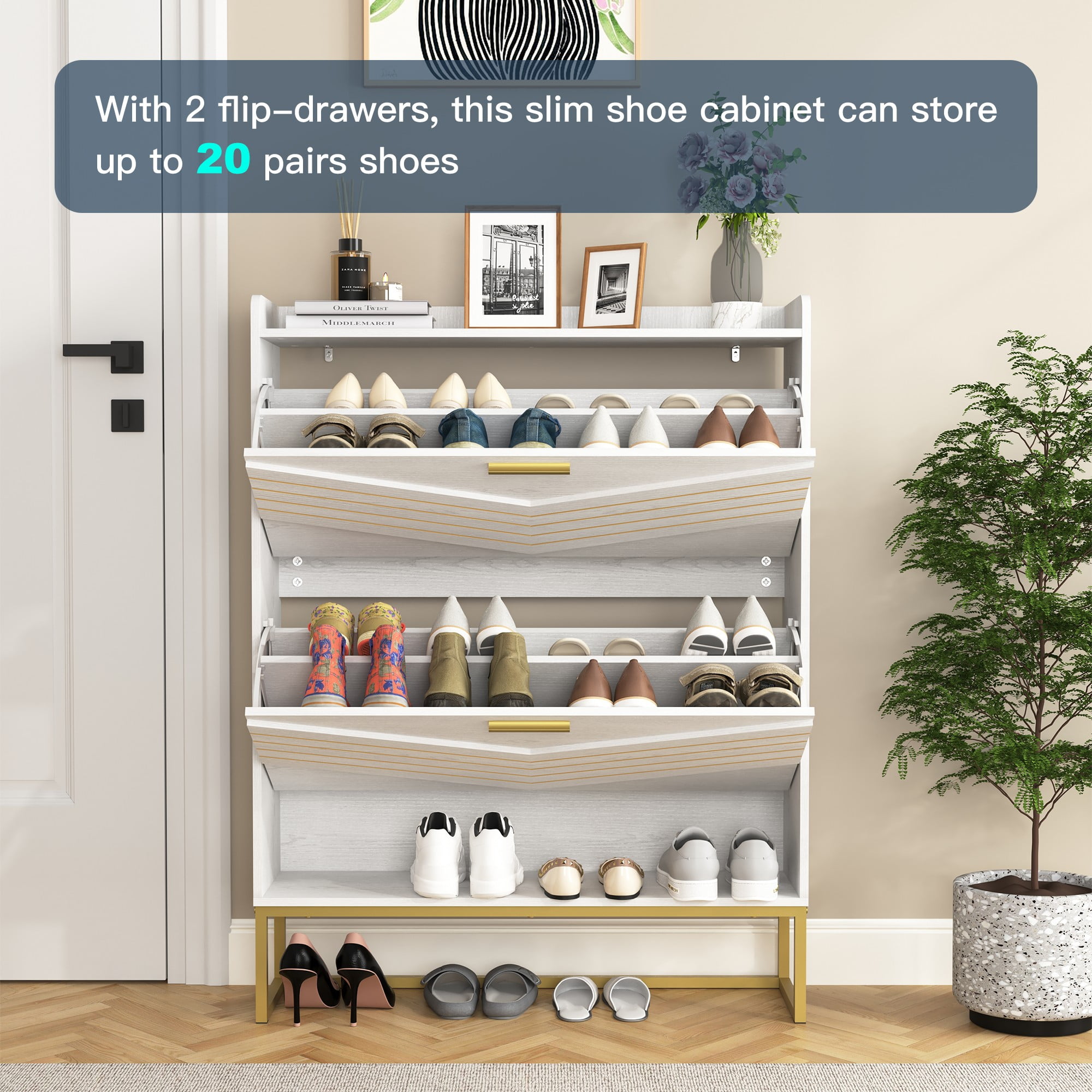 Finihen Shoe Storage Cabinet with 2 Flip Drawers for Entryway, Freestanding Storage Racks Hidden Narrow Shoe Organizers with Metal Legs, White Finihen Shoe Storage Cabinet with 2 Flip Drawers for Entryway, Freestanding Storage Racks Hidden Narrow Shoe Organizers with Metal Legs, White
