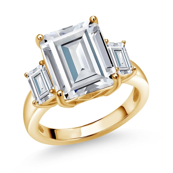 Gem Stone King 18K Yellow Gold Plated Silver 3-Stone Ring Set with Moissanite (8.52 Cttw) (Size 7)
