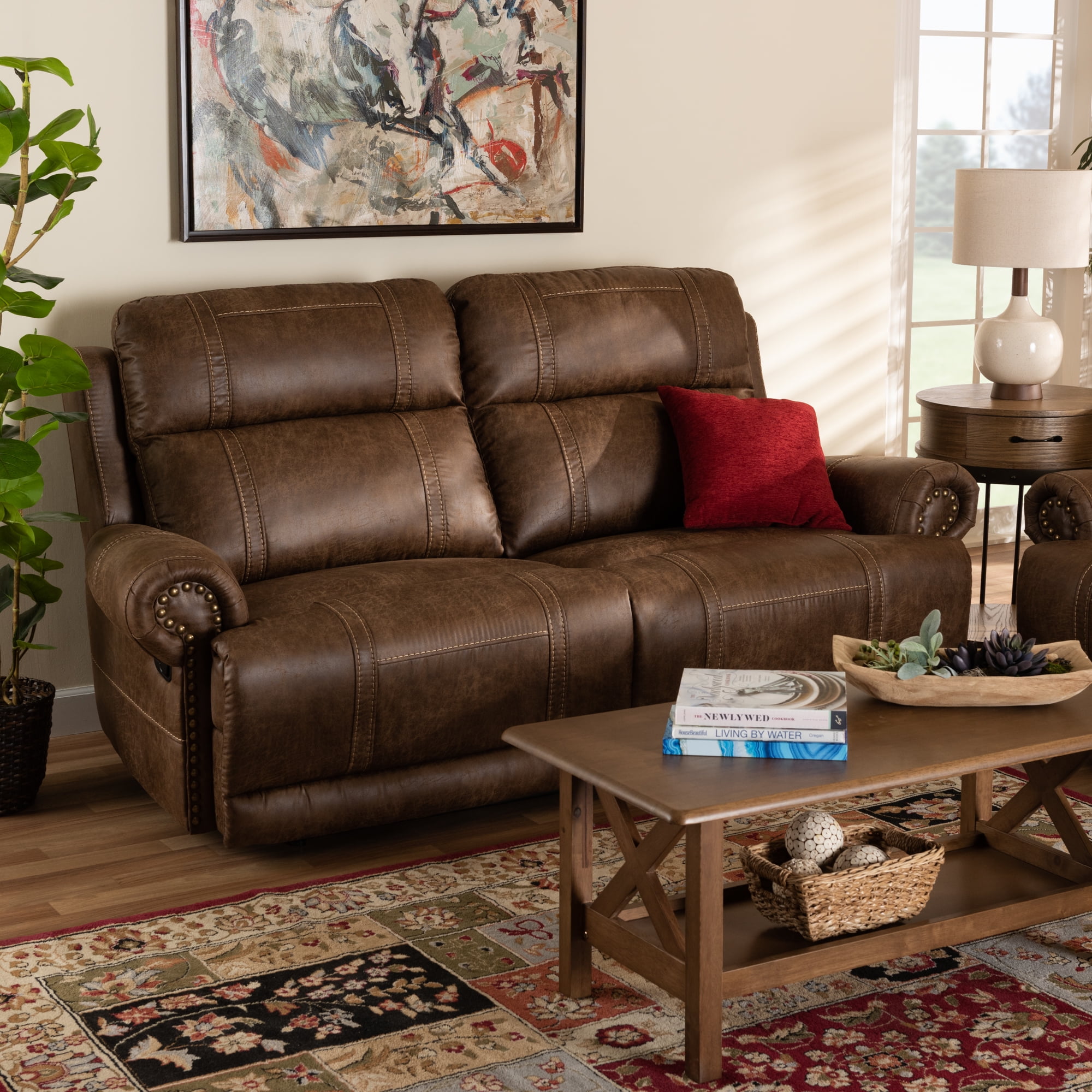 Skyline Decor Light Brown Faux Leather Upholstered 2Seater Reclining