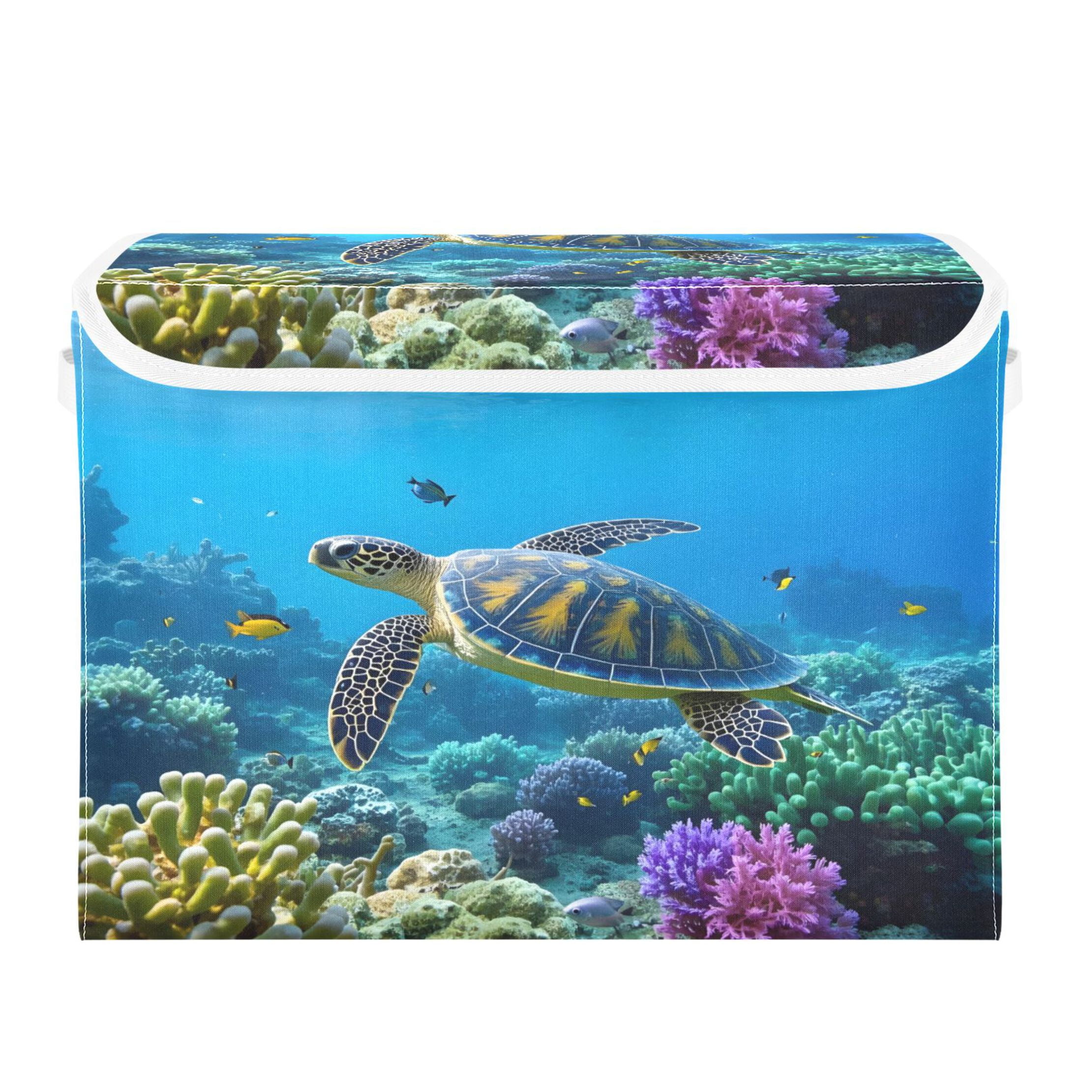 Ryvnso Turtle in Sea Large Lidded Foldable Storage Baskets Cubes Boxes Lids Bin for Home