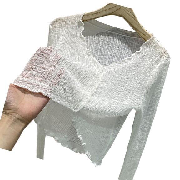 Stretchy Ice Silk Cardigan For Women Fitted Long Sleeve Lightweight Knit Crop Top Solid Color V Neck Button Up Outerwear