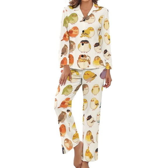 PoBuds Women's Long Sleeve Flannel Pajama Set Sleepwear Cute Bird Cartoon S