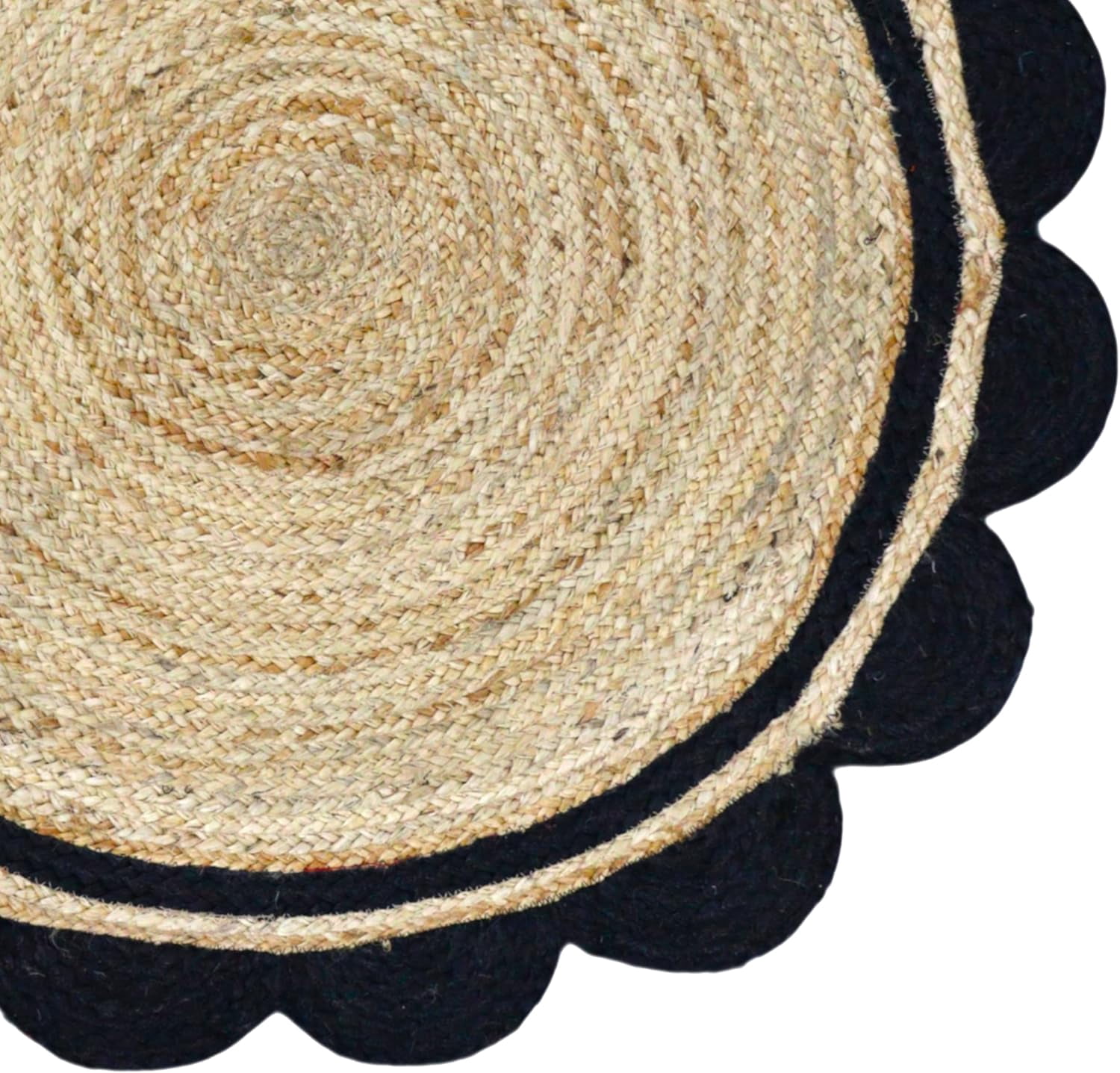 2 Ft Round Black & Natural Jute Premium Scalloped Jute Rug | Boho scalloped rug for Living Room | Bedroom | Kitchen | Hallway | Entryway
