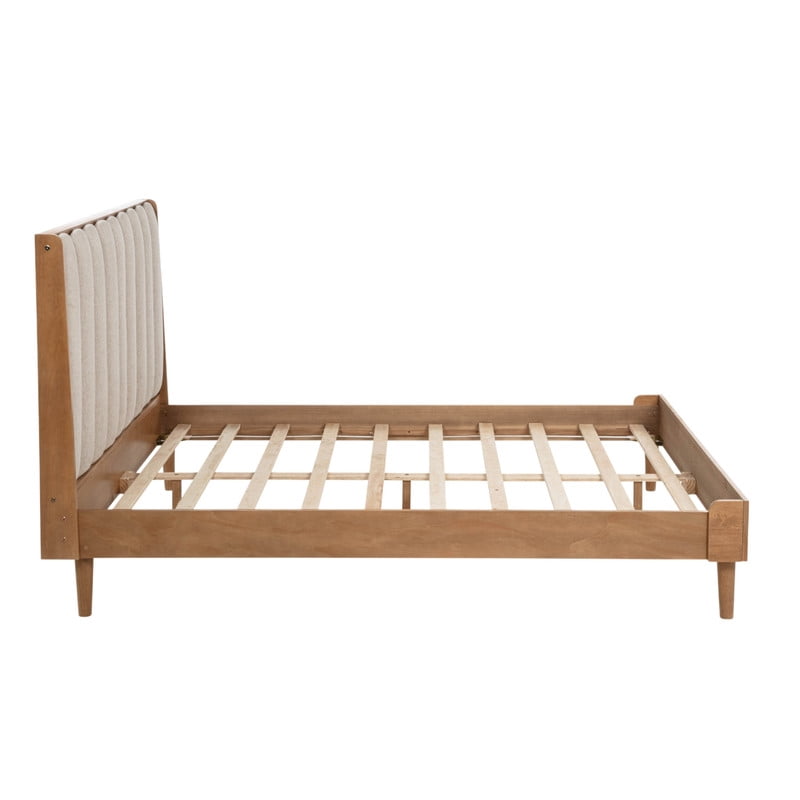 Queen Size Wood Bed Frame with Piano Key Designed Upholstered Tall Headboard, Low-Profile Platform Bed with Under-Bed Space