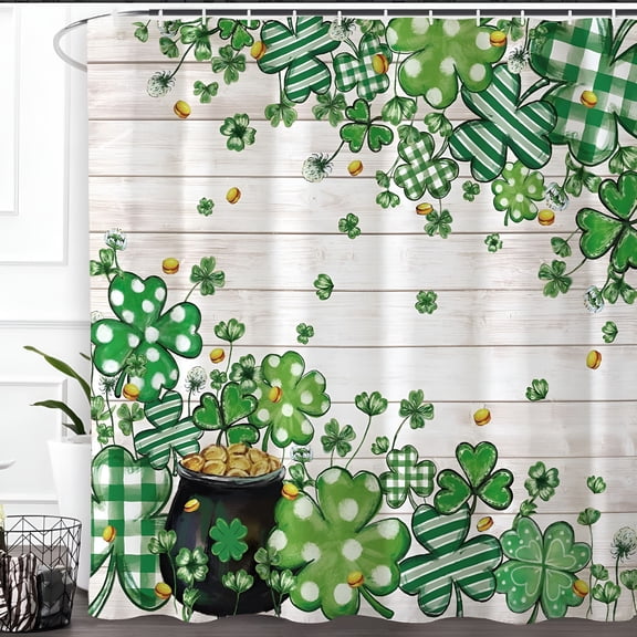 AUQ Happy St.Patrick''S Day Shower Curtain,Lucky Green Shamrock Clover Shower Curtain Bathroom Bath Home Decor Waterproof Polyester Fabric with Hooks 72 W X72 H Inch