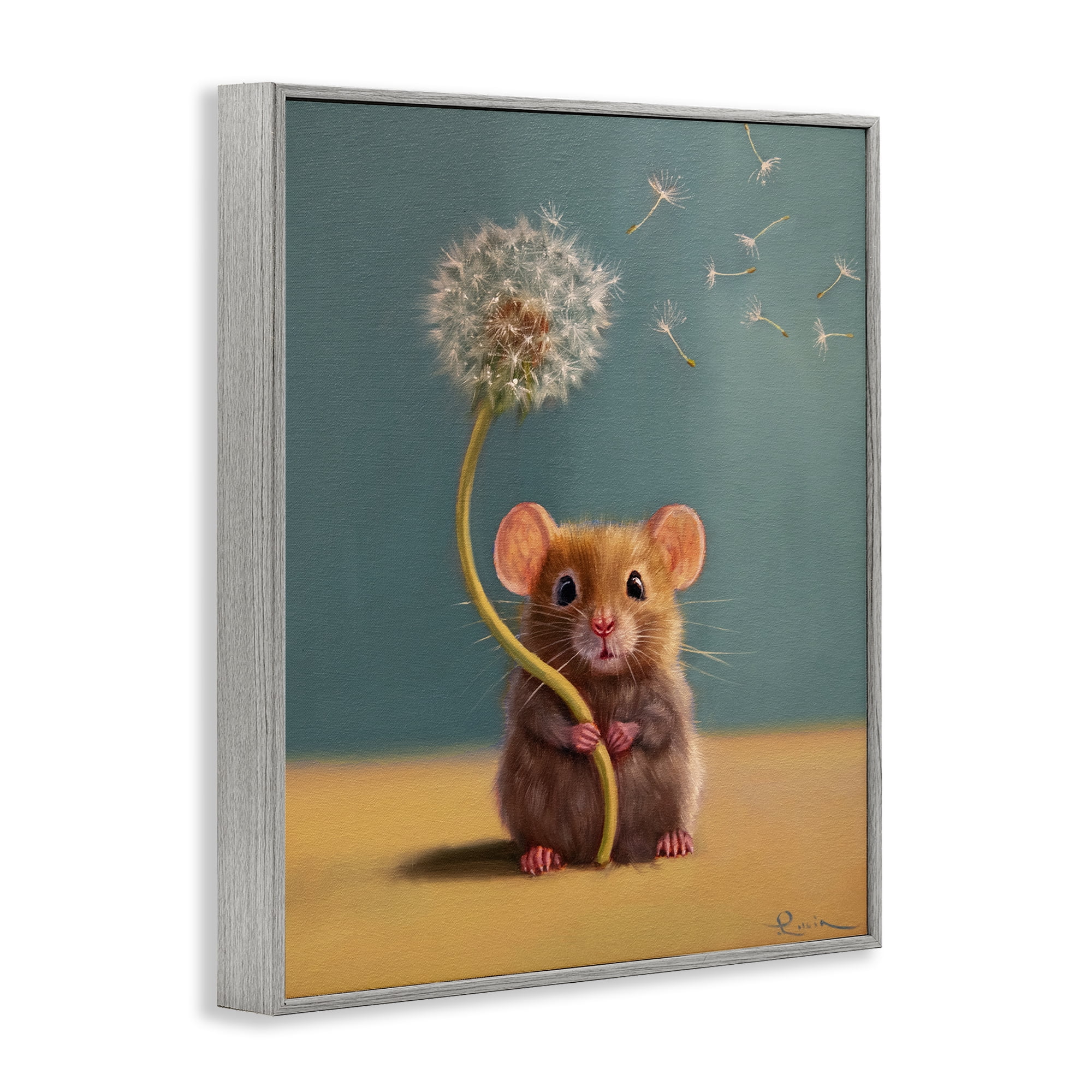 Tiny Wishes Mouse & Dandelion Gray Framed Giclee Art, design by Lucia Heffernan