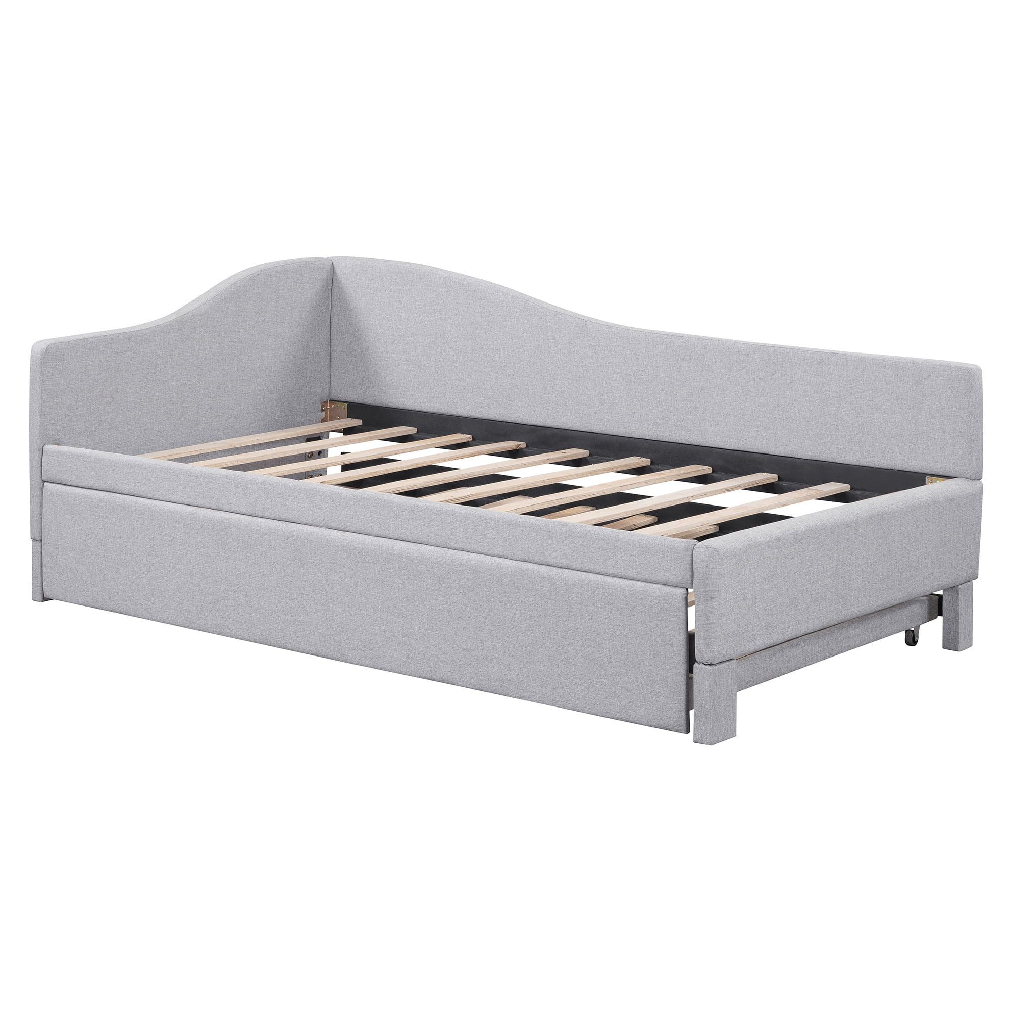Aukfa Twin Daybed with Pop-Up Trundle, Linen Upholstered Twin-to-King Bed Frame, Space-Saving Guest Bed for Living Room, Bedroom, Kids Room, Gray
