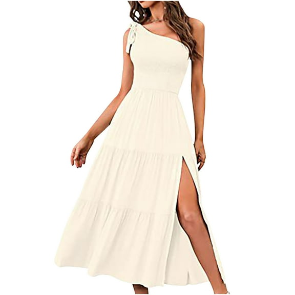 Wycnly Summer Dresses for Women Elastic Waist Smocked Swing Slit One Shoulder Dresses Sleeveless Slash Neck Solid Maxi Sun Dress Pink XL Up to 65% off
