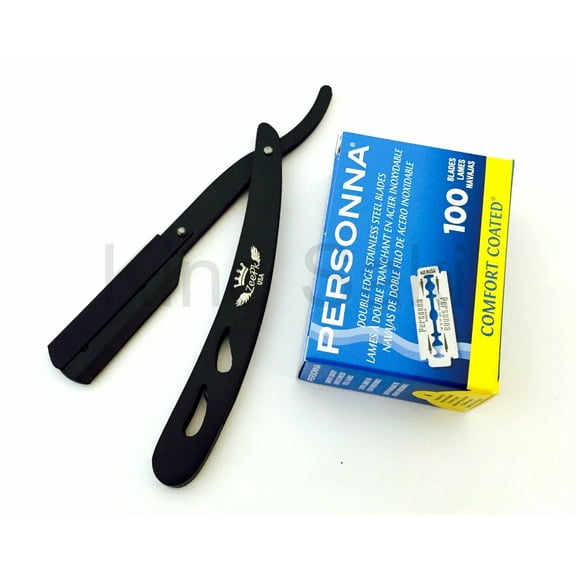 CUT THROAT STAINLESS STEEL STRAIGHT RAZOR RASOIR, 100 PERSONNA BLADE BLACK MATTE