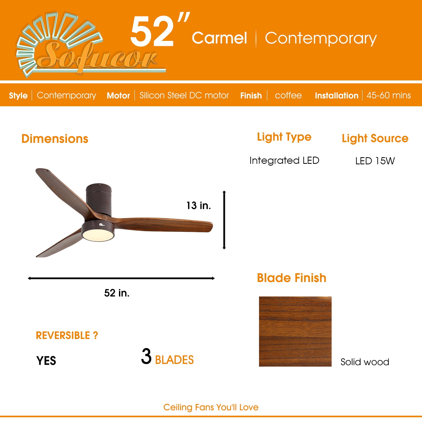 Sofucor 52" Flush Mount Bronze Modern Ceiling Fan with Integrated LED Light