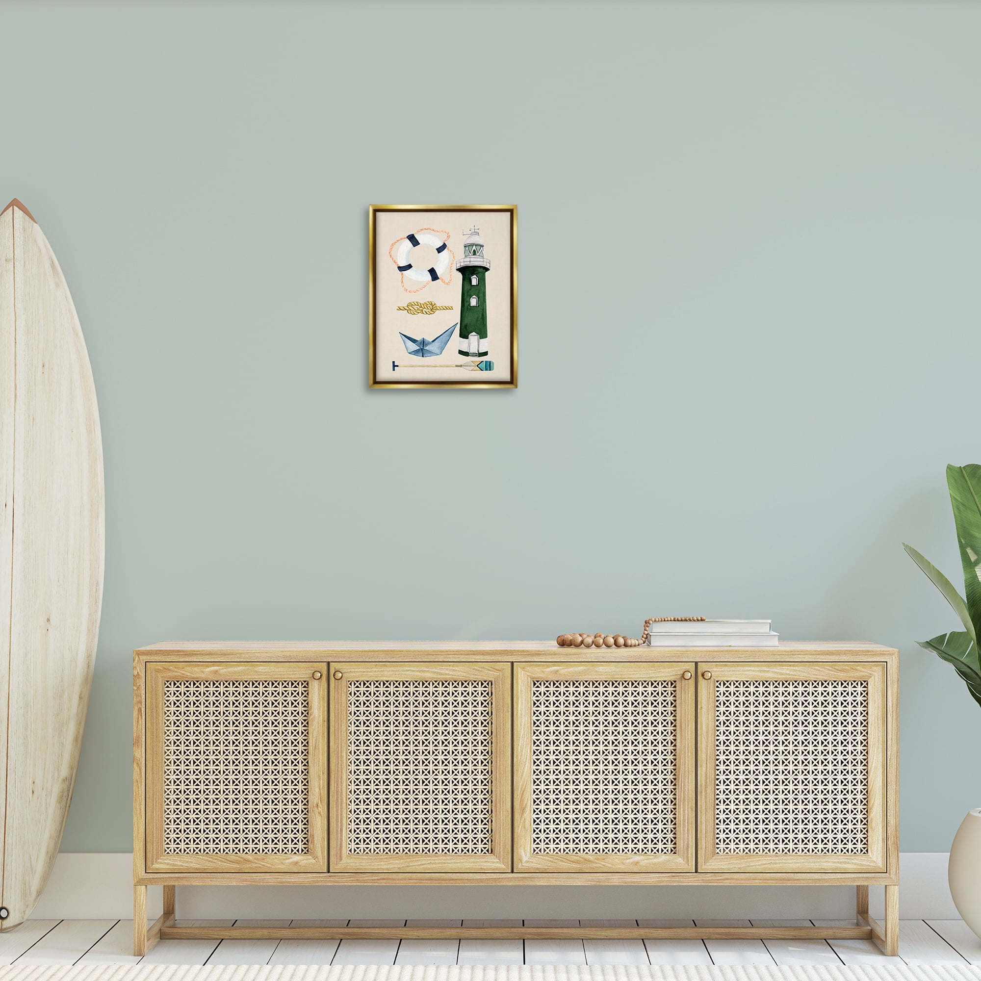 Stupell Industries Maritime Nautical Items Nautical & Beach Painting Gold Floater Framed Canvas Art Print Wall Art, 17 x 21