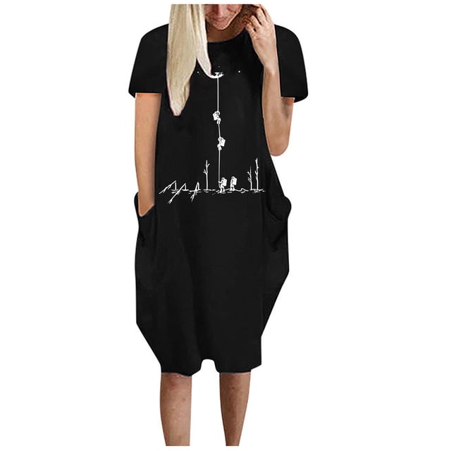 Robes d'Été pour Femmes Manches Courtes Décontractées T-Shirts Robe Imprimée Col Rond Confortable Longueur Genou avec Poches