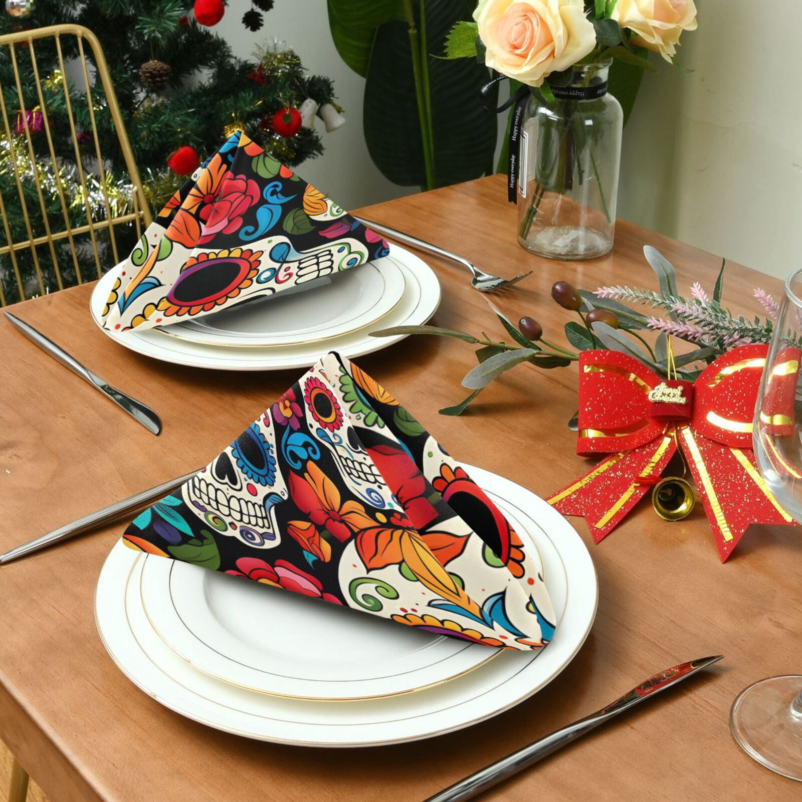 JSTEL Sugar Skull Floral Day Of Dead Cloth Napkins Set of 6, 20x20 Inch Washable and Reusable Napkin for Decoupage Dinner Party Everyday Use