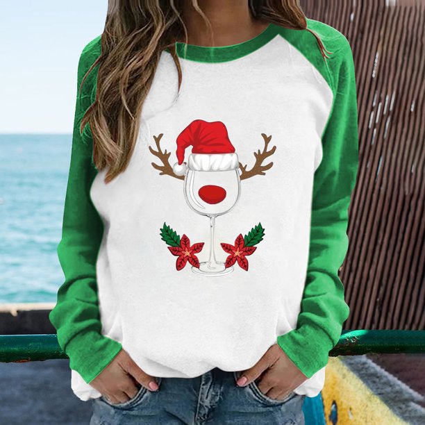 Pntutb Mujer Primavera Patchwork Navidad Impreso Manga Larga Cuello Redondo Casual Tee tops Pntutb Pntutb-5754