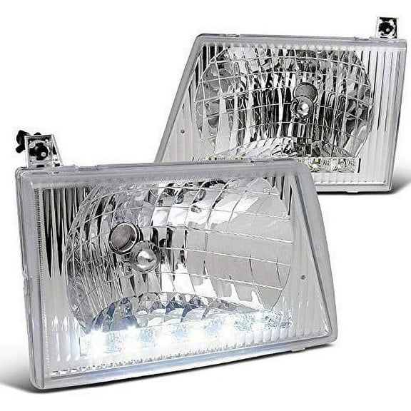 Replacement Head Lamps Headlights With LED Strip Chrome Housing Clear Lens Made For And Compatible With 1992 - 2007 Ford Econoline E150 E250 E Series 92 93 94 95 96 97 98 99 00 01 02 03 04 05 06 07