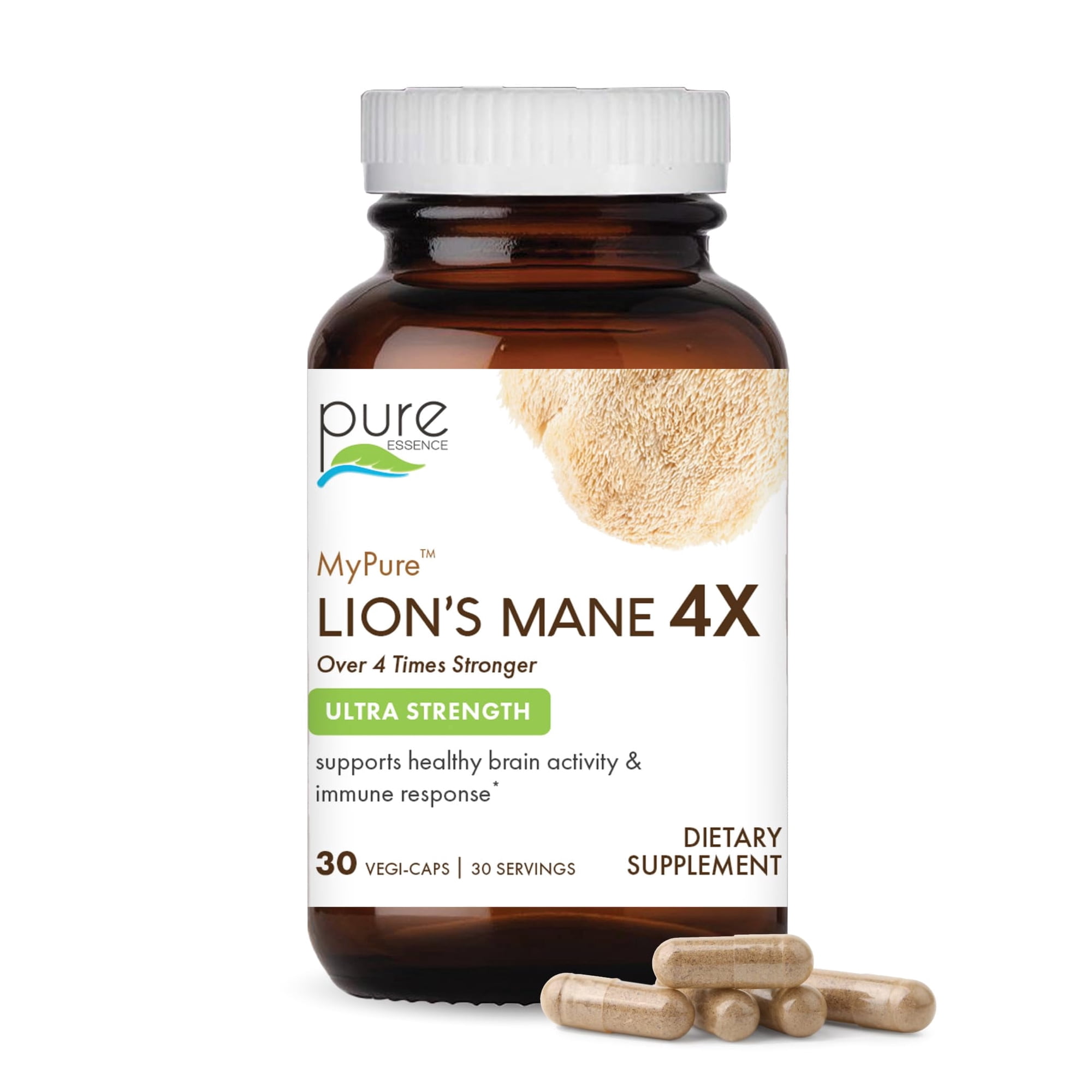 Pure Essence Labs - MyPure Lion's Mane 4X, Organic Fruiting Body Extract for Focus & Brain Health - 30 Vegetarian Capsules