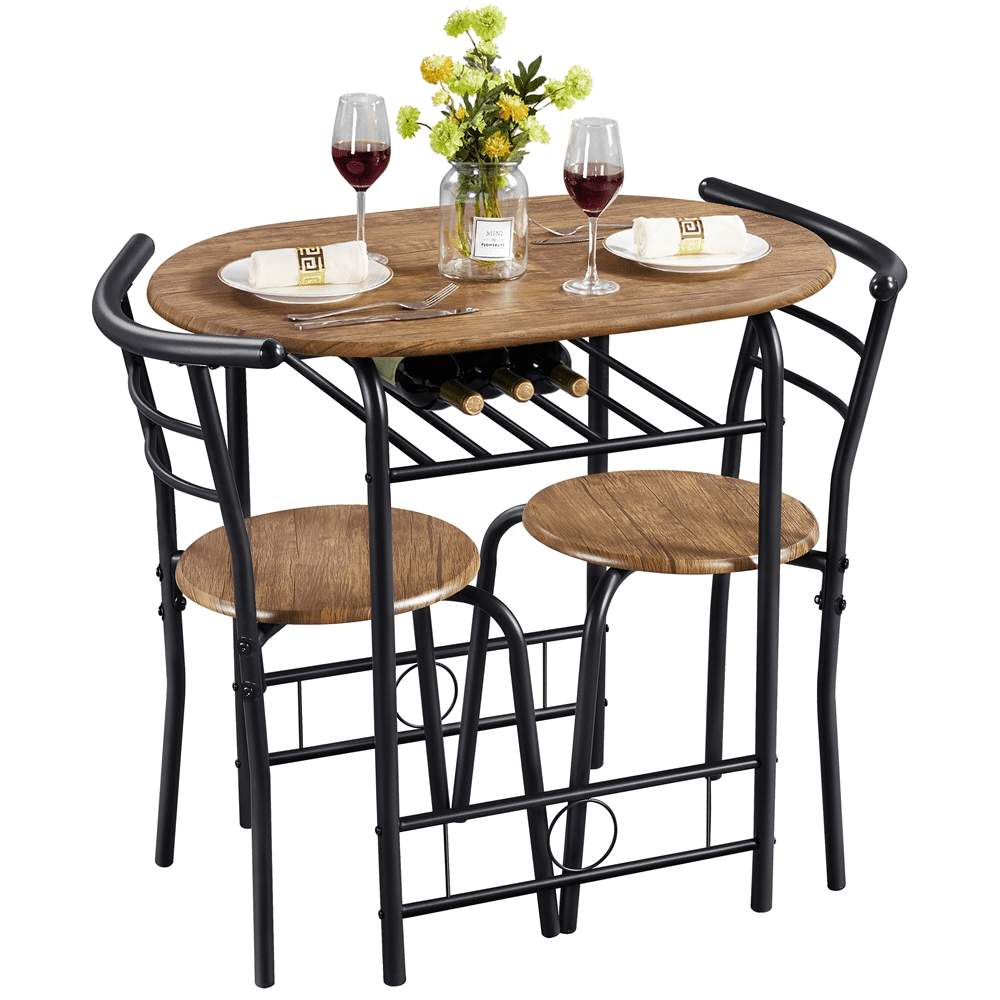 Alden Design 3 Piece Modern Round Dining Table Set with Steel Legs for Kitchens, Brown
