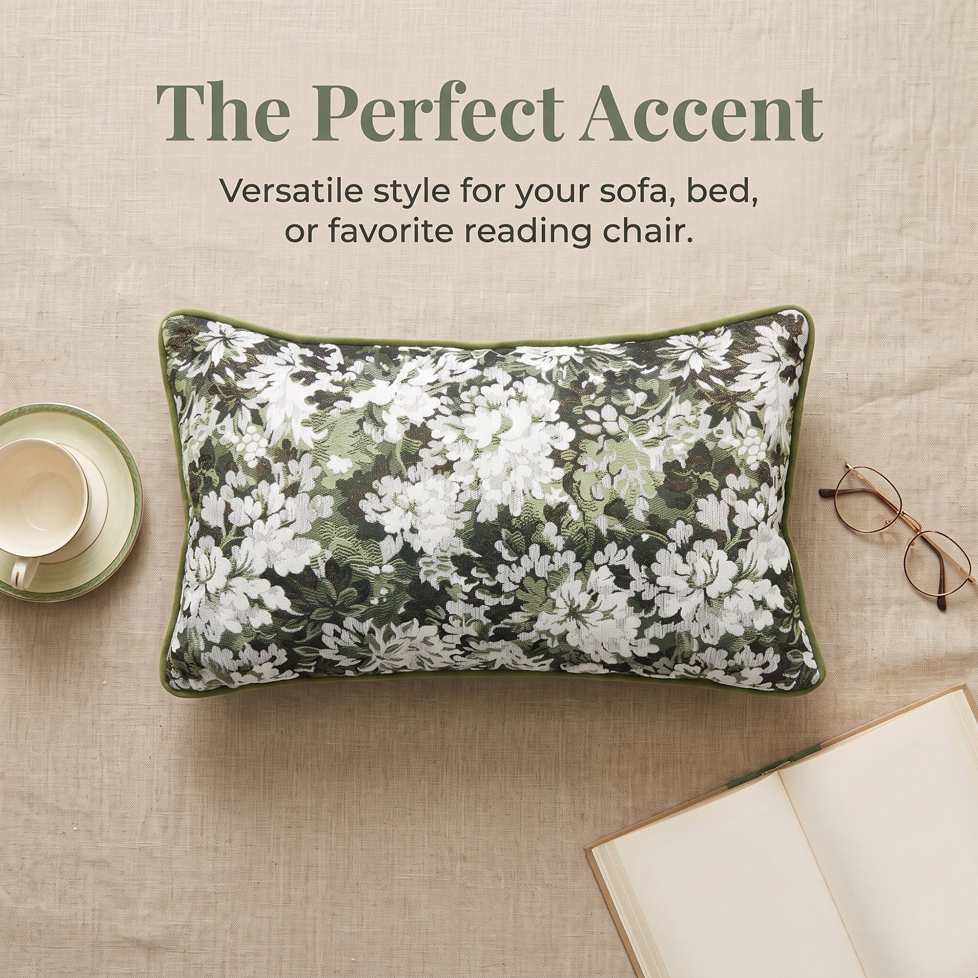Unique Bargains Floral Throw Pillow Cover with Piped Edge Decor Cushion Case Green 20"x12"