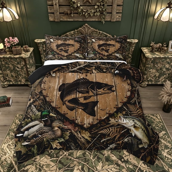 Feelyou Rustic Outdoor Bass Fishing Full Size Comforter Sets for Men Boys, Country Woodland Animal Bedding Sets, Brown, Black Reversible, 3-Piece