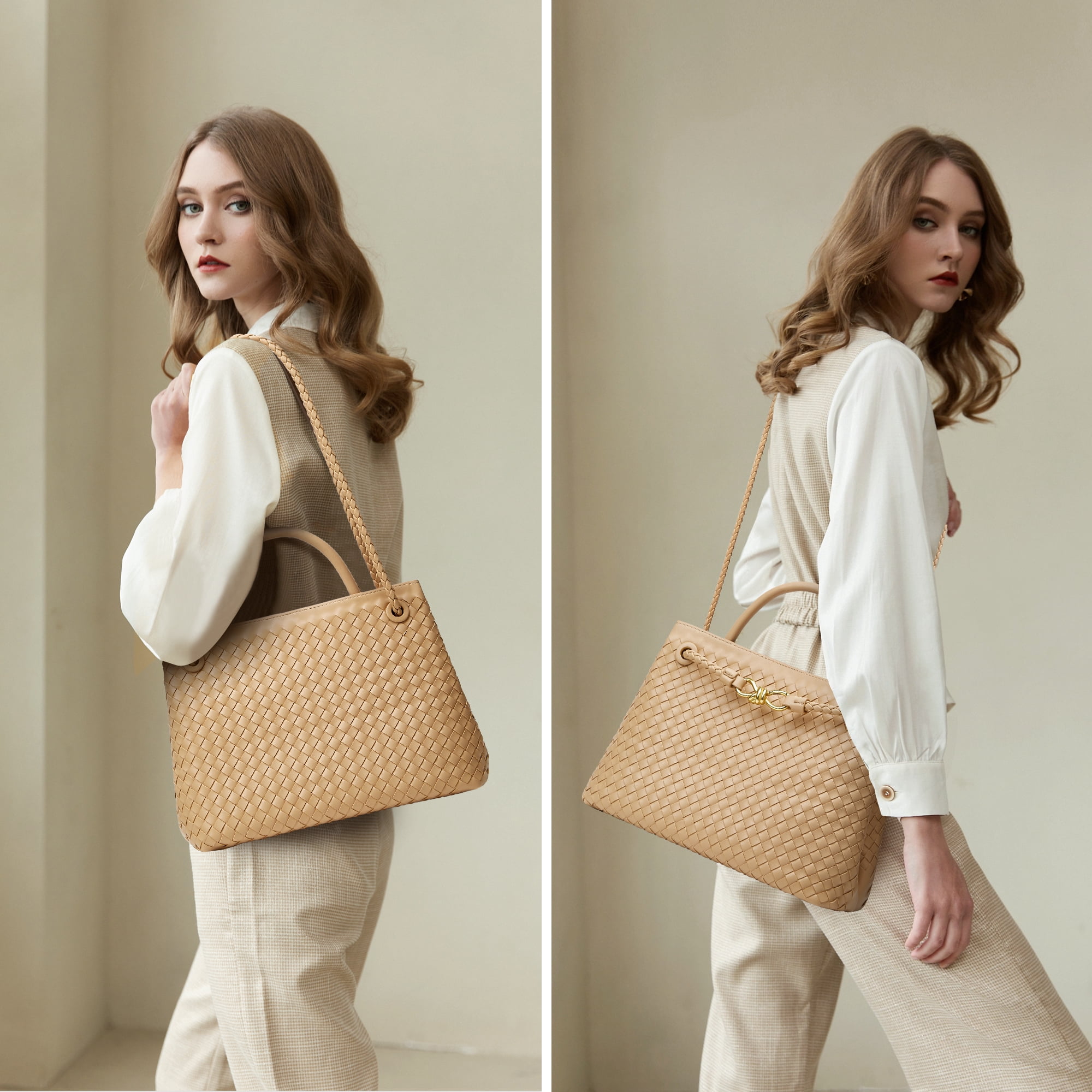 Woven Bag for Women Shoulder Purse: Vegan Leather Handbag - Handmade Tote Bag - Elegant Satchel Bag with Bowknot (Apricot, Large)