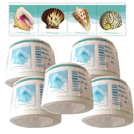 Postal Stamps - POSTCARD Postage Stamps Seashells 5 coils of 100 USPS First Class Forever Sand Sun Beach Fun Ocean (500 Stamps)
