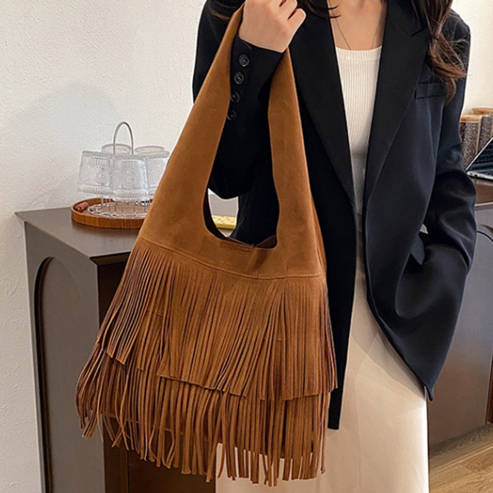 Womens Suede Shoulder Bags Vintage Fringe Handbag Lightweight Tassel Western Purse Large Capacity Tote Bag