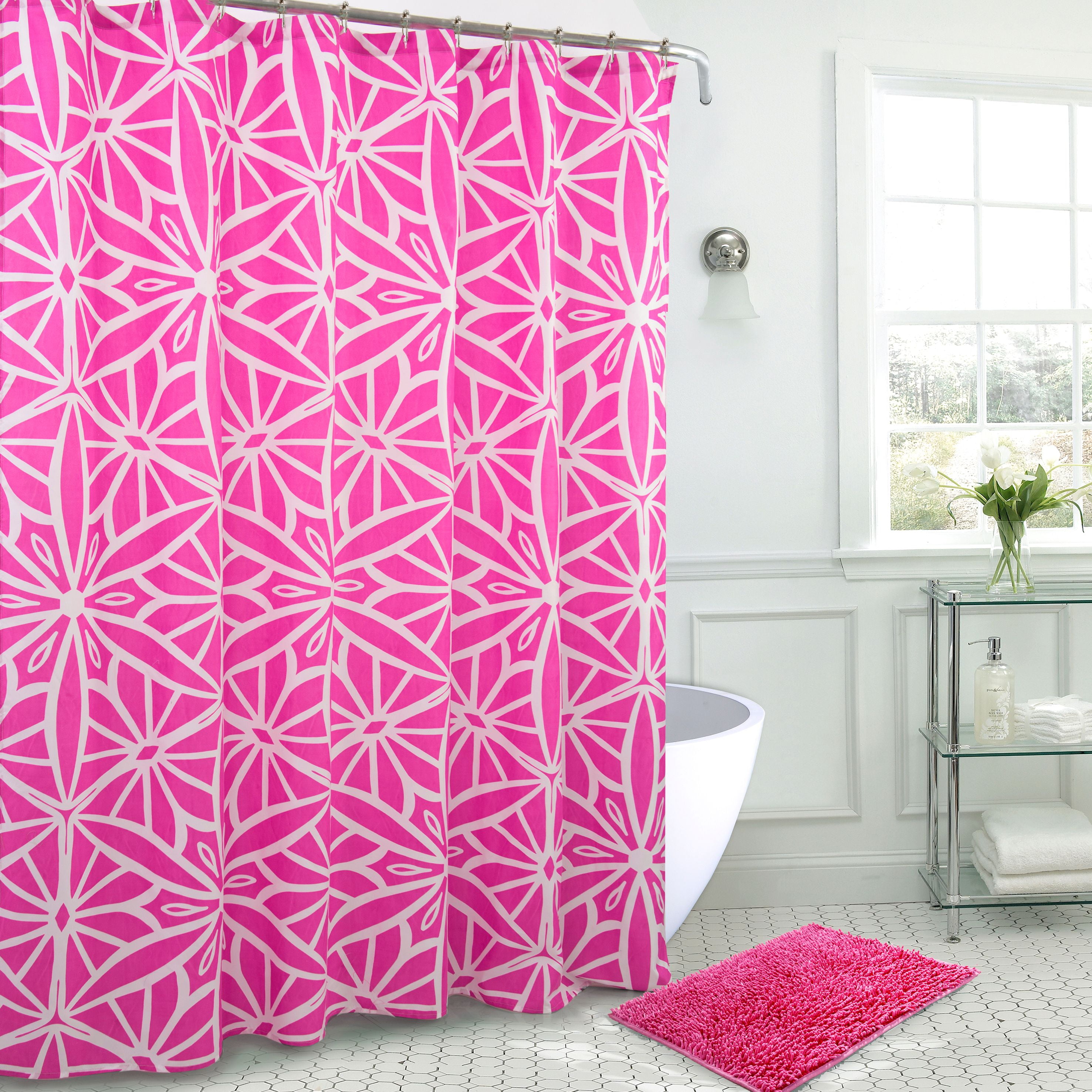 Scope Bath Mat And Shower Curtain Set W Hooks In Fuschia