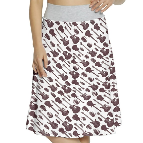 Women's Rock and Roll Music Retro Grunge A-line Printed Skirt Casual Wear, 2XL, Eggplant White, by Ambesonne