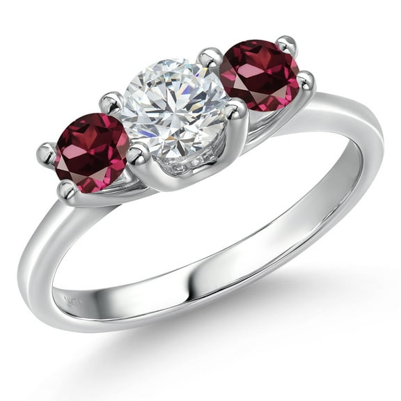 Gem Stone King 14K White Gold White Lab Grown Diamond & Red Rhodolite Garnet 3-Stone Engagement Ring | 1.24 Cttw | Round 5MM and 4MM | Three Stone Wedding Anniversary Promise Ring for Women (Size 9)
