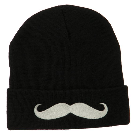 Mustache Embroidered Cuff Long Beanie - Black OSFM