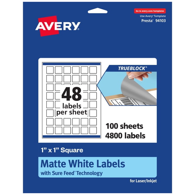 Etiquetas Avery TrueBlock blancas mate de 1" x 1" - 4.800 piezas