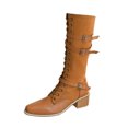 thumbnail image 4 of Wovix Women's Pu Knee High Riding Combat Boots Trendy Streetwear Boots Buckle Riding Boots Party Wear Daily Work Brown 37, 4 of 7