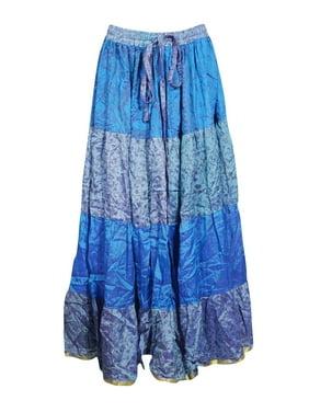 Mogul Women Blue Maxi Skirt Vintage Printed Full Flared Gypsy Chic Summer Fashion Recycled Sari Beach LONG Skirts S/M