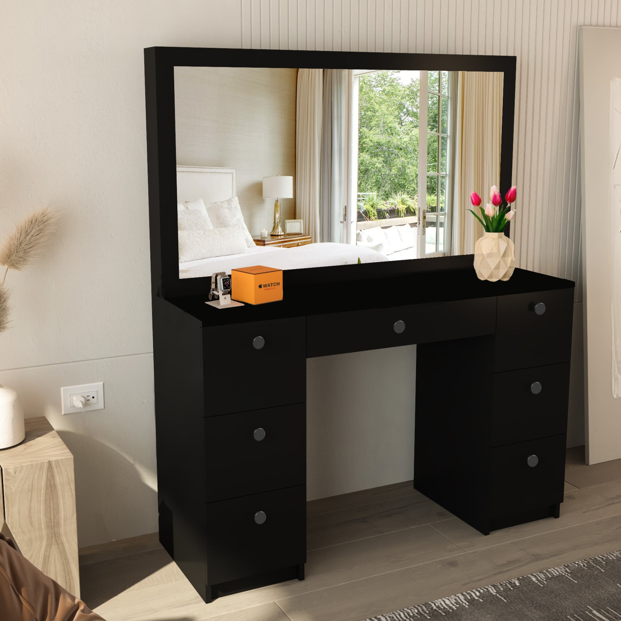 synonymordbog Delvis forræderi Boahaus Artemisia Modern Bedroom Vanity Table, Black, Wide Mirror, 07  Drawers - Walmart.com
