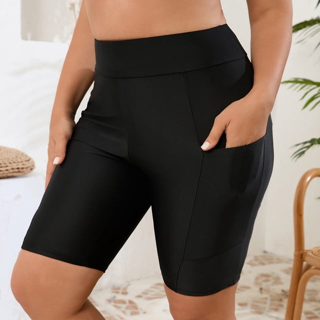 Warop Women's High-Waisted Swim Shorts with Pockets, Solid Color Tummy Control for Beach and Pool Activities