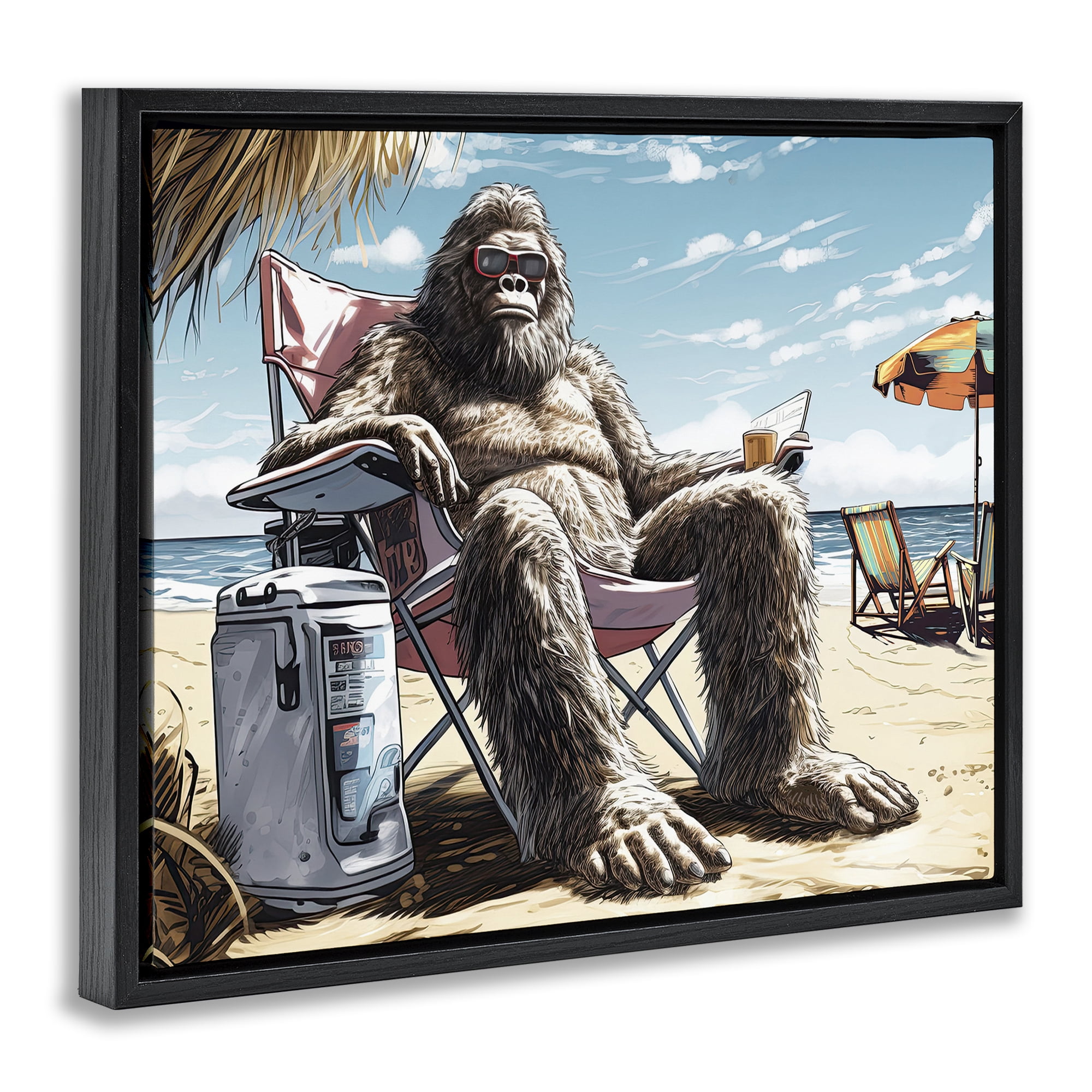 Stupell Industries Big Monster on Beach Fairy Tales & Fantasy Painting Black Floater Framed Canvas Art Print Wall Art, 21 x 17