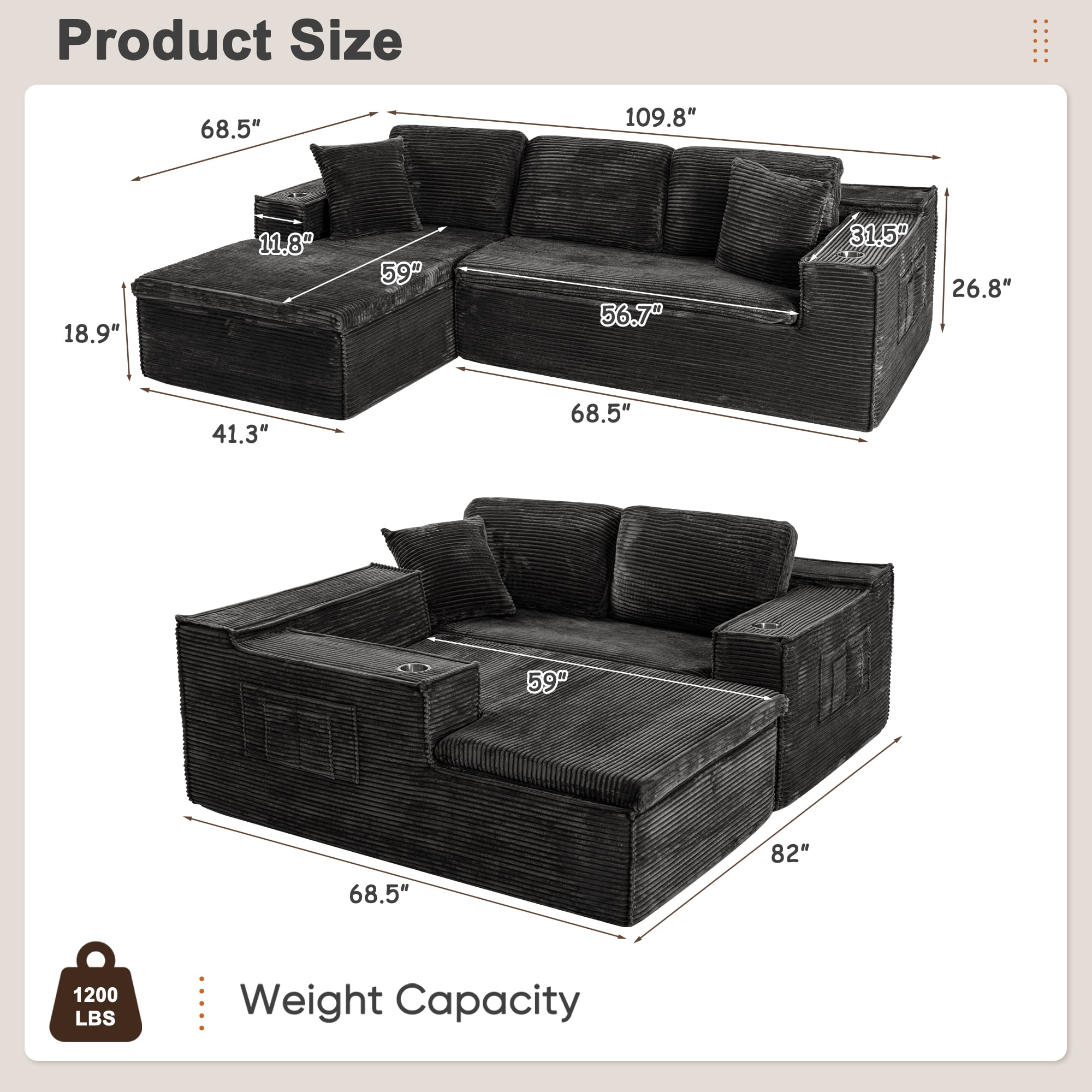Homall 109" L-Shape Memory Foam Modular Sectional Sofa 3 Seat Oversized Upholstered Deep Seat Sofa Couch for Living Room,Bedroom and Apartment,Black