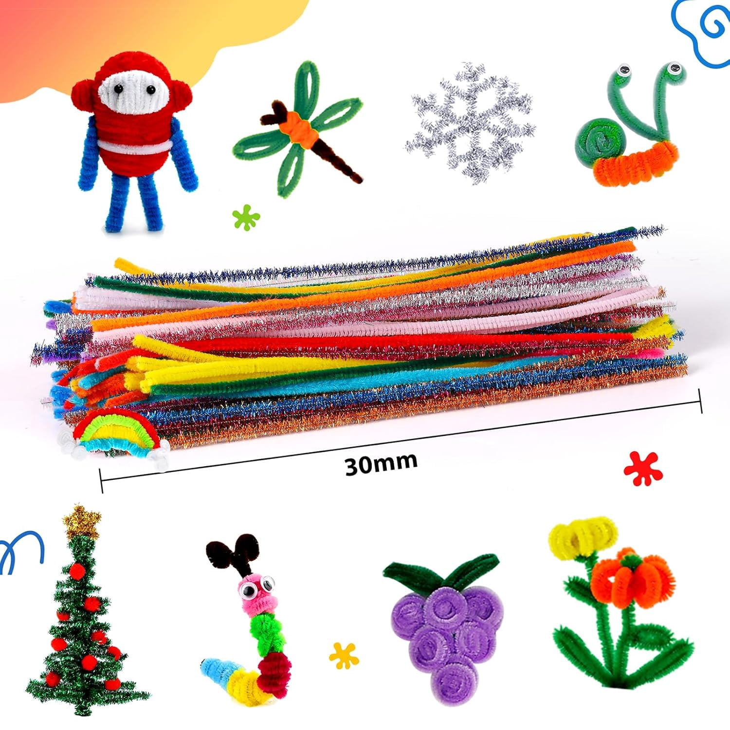2500 Pieces 25 Colors Pipe Cleaners Craft Supplies Assorted Glitter Chenille Stem Sparkle Pipe Cleaners Bulk for Kids Creative DIY Project, Art Crafts Decoration, 6 mm x 12 inch