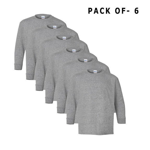 Gildan Youth Long Sleeve T-Shirt -GR54, Rib Collar Long Tee Shirt Unisex, Sport Grey, Pack 6, L