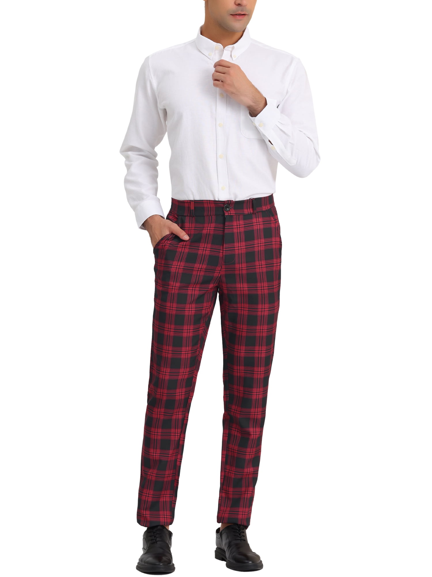Unique Bargains Men's Business Plaid Lightweight Regular Fit Flat Front Checked Pants 38 Black Red