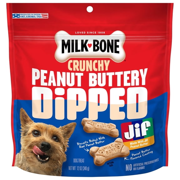 Milk Bone Peanut Buttery Dipped Dog Biscuits with Jif Peanut Butter, 12 oz Bag