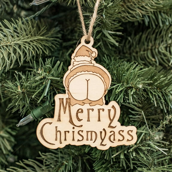Ornament - Merry Chrismyass - Raw Wood 3x4in
