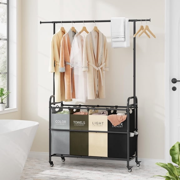 Laundry Sorter Cart with Hanging Clothes Rack, 4 Butler Sorter Basket Organizer, Laundry Hamper Cart with Heavy Duty Rolling Lockable Wheels, 4 Colors